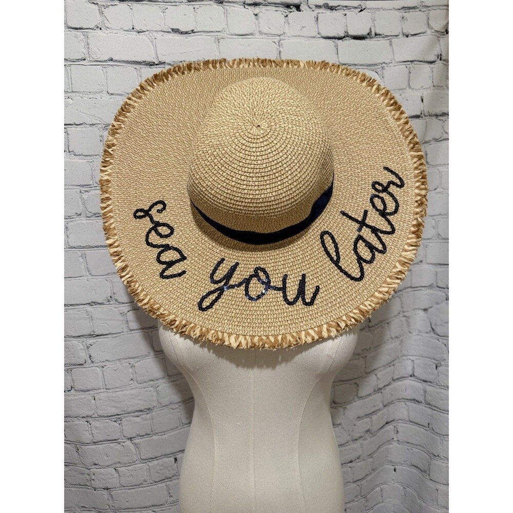 Mud Pie Women’s Paper Straw Wide Brim Sun Hat Beige/blue Fringed Sea You Later